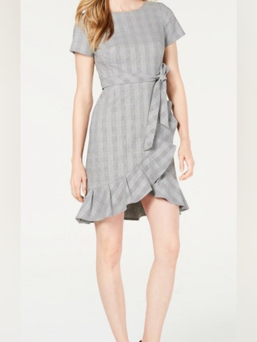 Calvin Klein Gray Plaid Ruffle Wrap Mini Dress